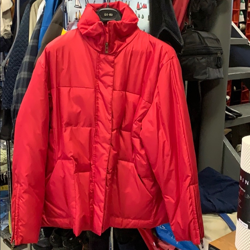Red puffer jacket